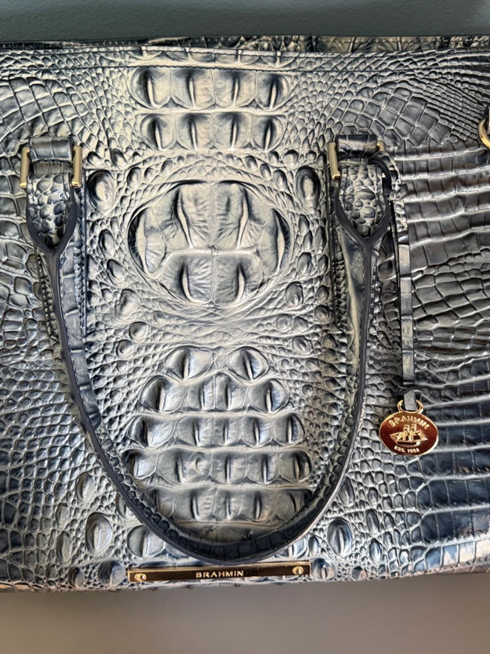 Brahmin Black Croc-Embossed Satchel with Gold Hardware